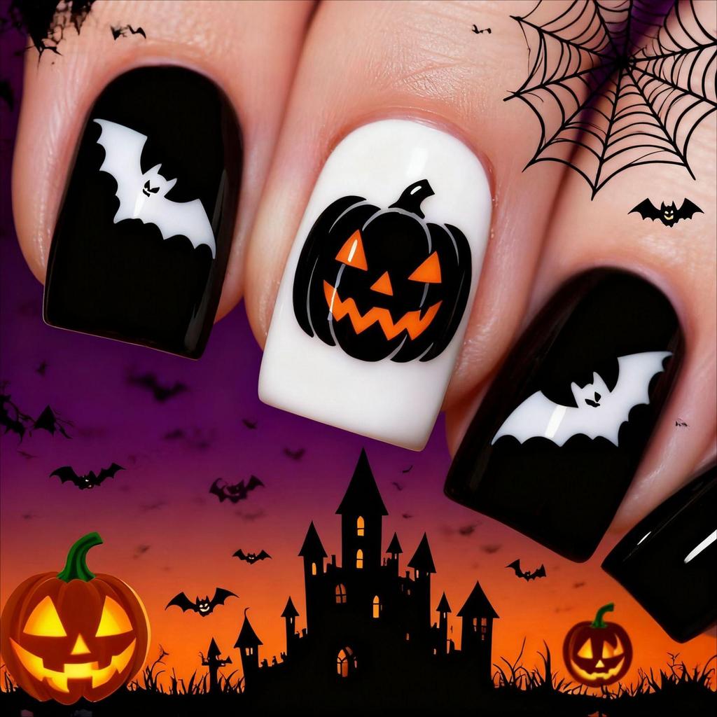 European & American Halloween Press-on Nails: Pumpkin, Skull, Bat Designs