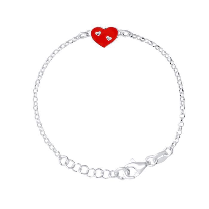 LÉA & ARTHUR - Bracelet Enfants Motifs CŒUR ROUGE - Maille Jaseron Argent 925 Millièmes Rhodié - Longueur Régalable - Bijou Enfant