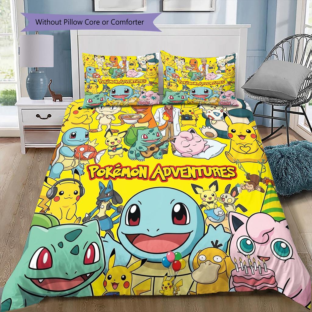 Pokmon Pattern Bedding Quilt Set Quilt Cover Pillowcase Home Birthday Gift(1 * duvet cover + 2 * pillowcase, without core)