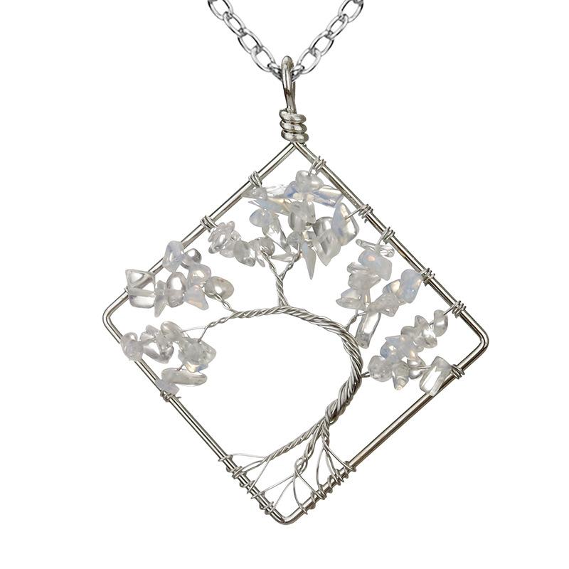 Wrapped Colorful Natural Stone Crystal Square Curved Tree Of Life Pendant Necklace N08 Fresh And Sweet