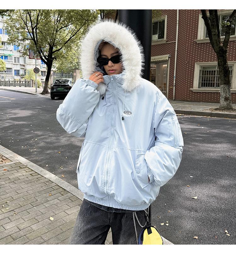 

Big Fur Collar Hooded Unisex Parkas Cotton-padded Coat Women s Winter Short Thickened Jacket S синій