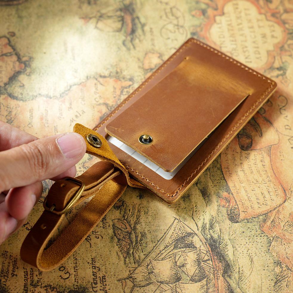 2025 Vintage Genuine Leather Luggage Tag Rectangle Travel Hang Tag Personalized Check-in Card Holder for Airplane/Business Trips