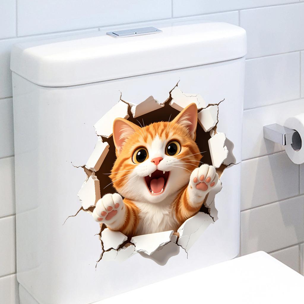 Cute Orange Cat Breaking Through Wall Self Adhesive Toilet Tank Sticker Waterproof