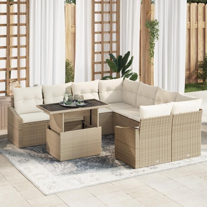 VidaXL Ensemble de Canapé de Jardin de 9 Pièces avec Coussins Beiges en Poly Rotin 3348977