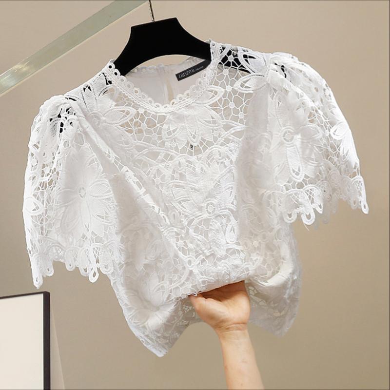 

ZANZEA Женская повседневная блузка с круглым вырезом и короткими рукавами, с ажурной кружевной вязкой крючком 5XL