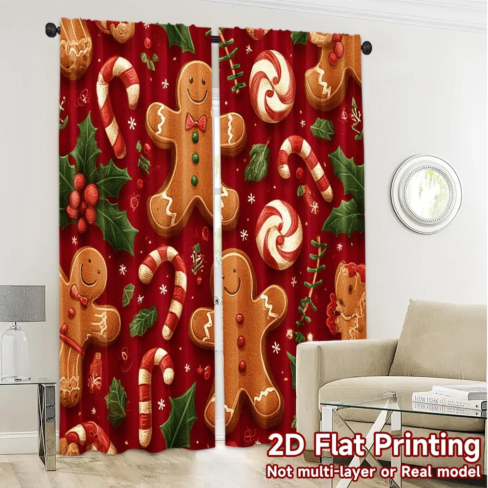 2D Flat Printing,JIT 2pcs, Curtains (Without Rod) Gingerbread Cheer Fashionable Modern Curtains Prints Light Filtering Curtains
