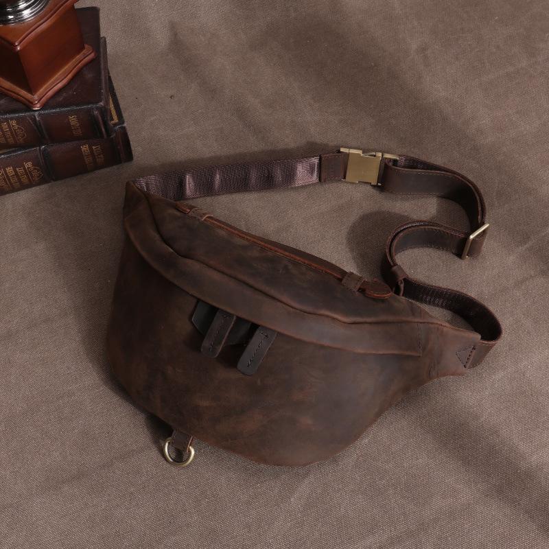 Crazy Horse Leather Men's Bag Waist Bag, Multi Functional Large Capacity Outdoor Sports Leather Phone Bag, Genuine Leather Cross Chest Bag