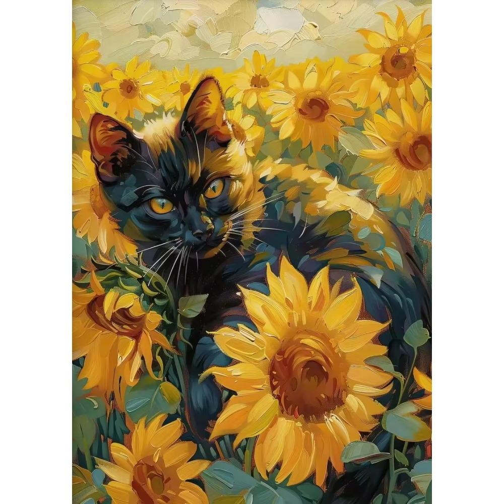 Oranje Kat Liggend Zonnebloem Poster Schattige Katten Koffie Drinken Canvas Schilderij Wandkunst Afbeelding voor Woonkamer Huis Muurschildering