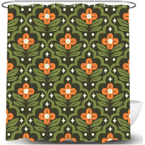 JAWO Vintage Boho Floral Shower Curtain, Green Orange Retro Flower Fabric Shower Curtains Set for Bathroom Decorative, Mid Century Modern Abstract