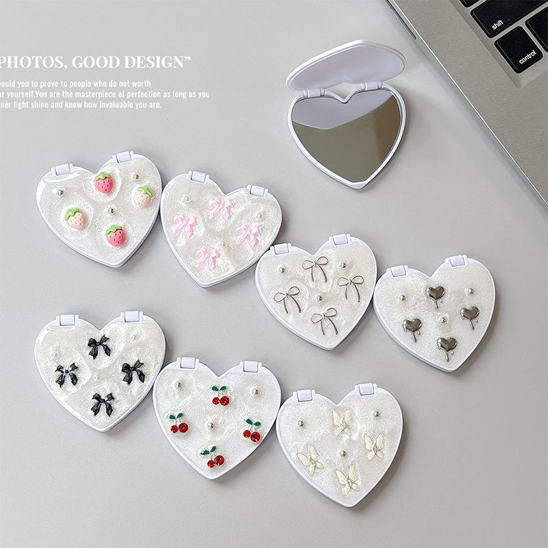 Love Epoxy Cherry Glitter Mobile Phone Mirror Sticker Flip Makeup Mirror Strawberry Bow Tie Desktop Support Decorative Women'S