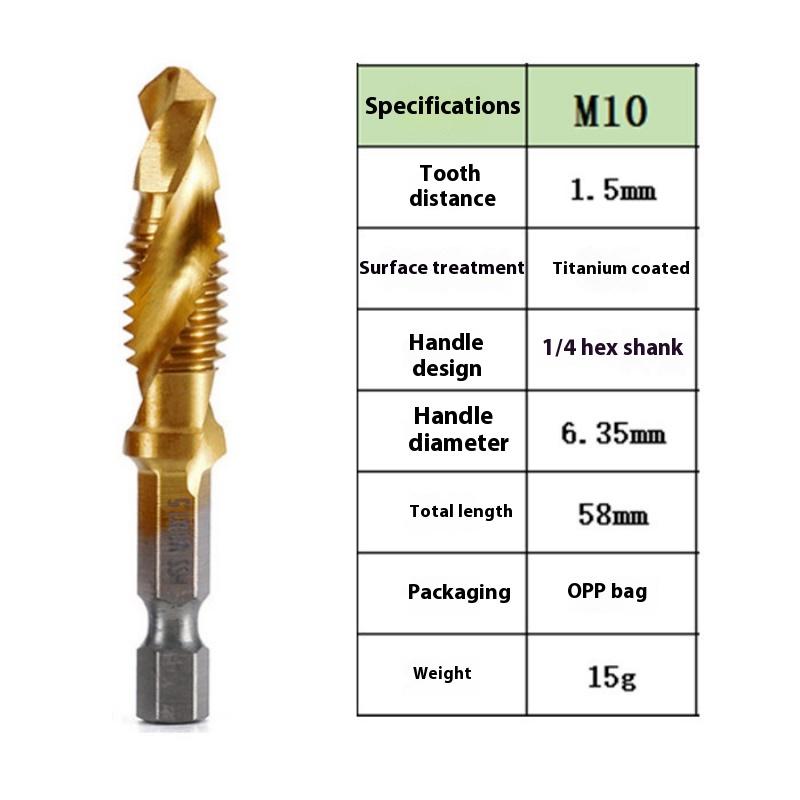 Vysokorýchlostná oceľová šesťhranná stopka tri v jednom kombinovaný závitník, vŕtanie, rezanie závitov a odihlovanie integrované špirálové strojové rezanie závitov, špirálový závitník