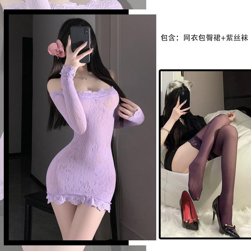 One-sleeved tube top see-through mesh wrap hip skirt can be torn and tempting, mesh slim qqny free nightdress women