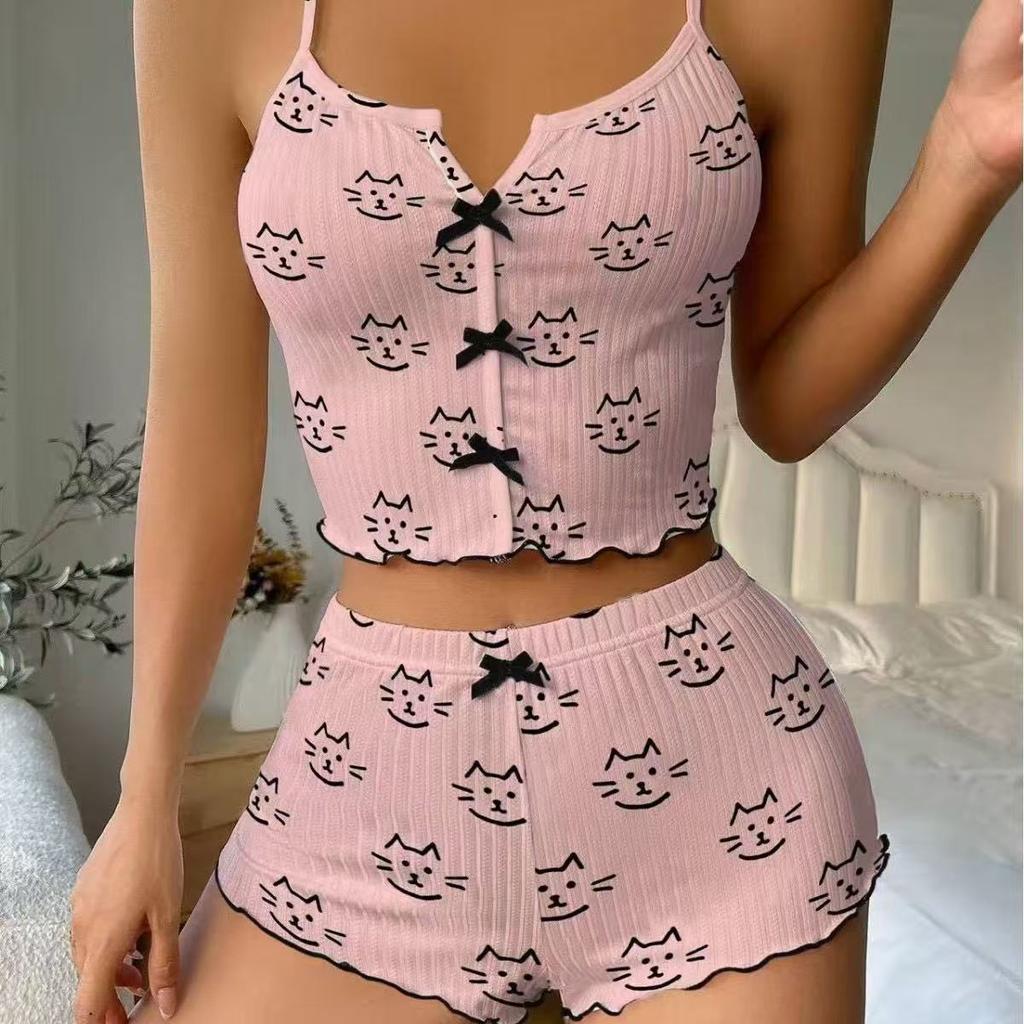 Heart-shaped printed home wear, pajama set for ladies, casual sleepwear