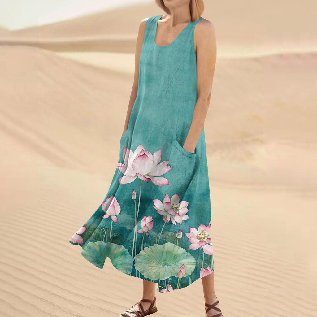 Women's Summer Casual Fashion Flower Printed Sleeveless Round Neck Pocket Dress