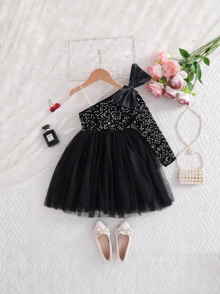 European & American Children's Elegant Sequin One-Shoulder Bow Princess Dress