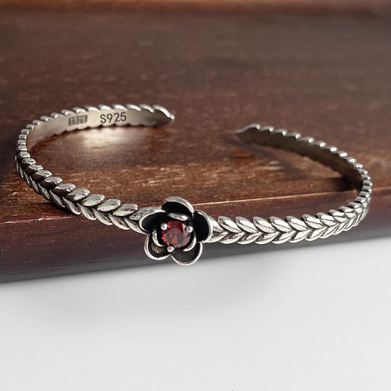 

100% Solid 925 Sterling Silver Retro Bracelet for Women Men Vintage Handmade Rose Zircon Simple Bracelet Birthday Gift
