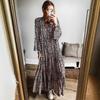 Abito lungo da donna con scollo a V e bottoni, con stampa leopardata, primavera e autunno