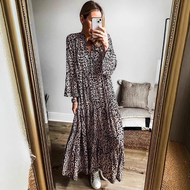 Abito lungo da donna con scollo a V e bottoni, con stampa leopardata, primavera e autunno