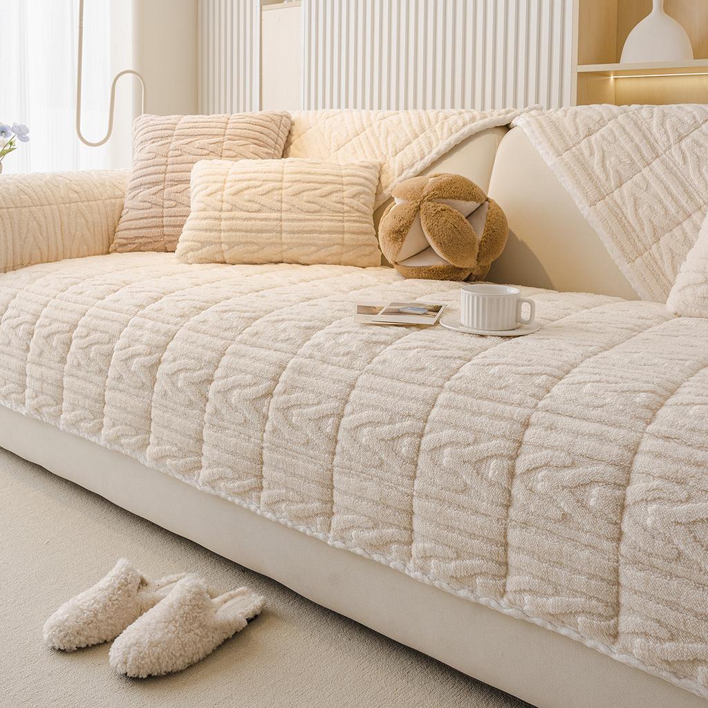 Shu Cotton Jacquard Fleece Sofa Cushion  New Straight Row Plush Seat Cushion Non-Slip Leather Sofa Cover Cross-Border