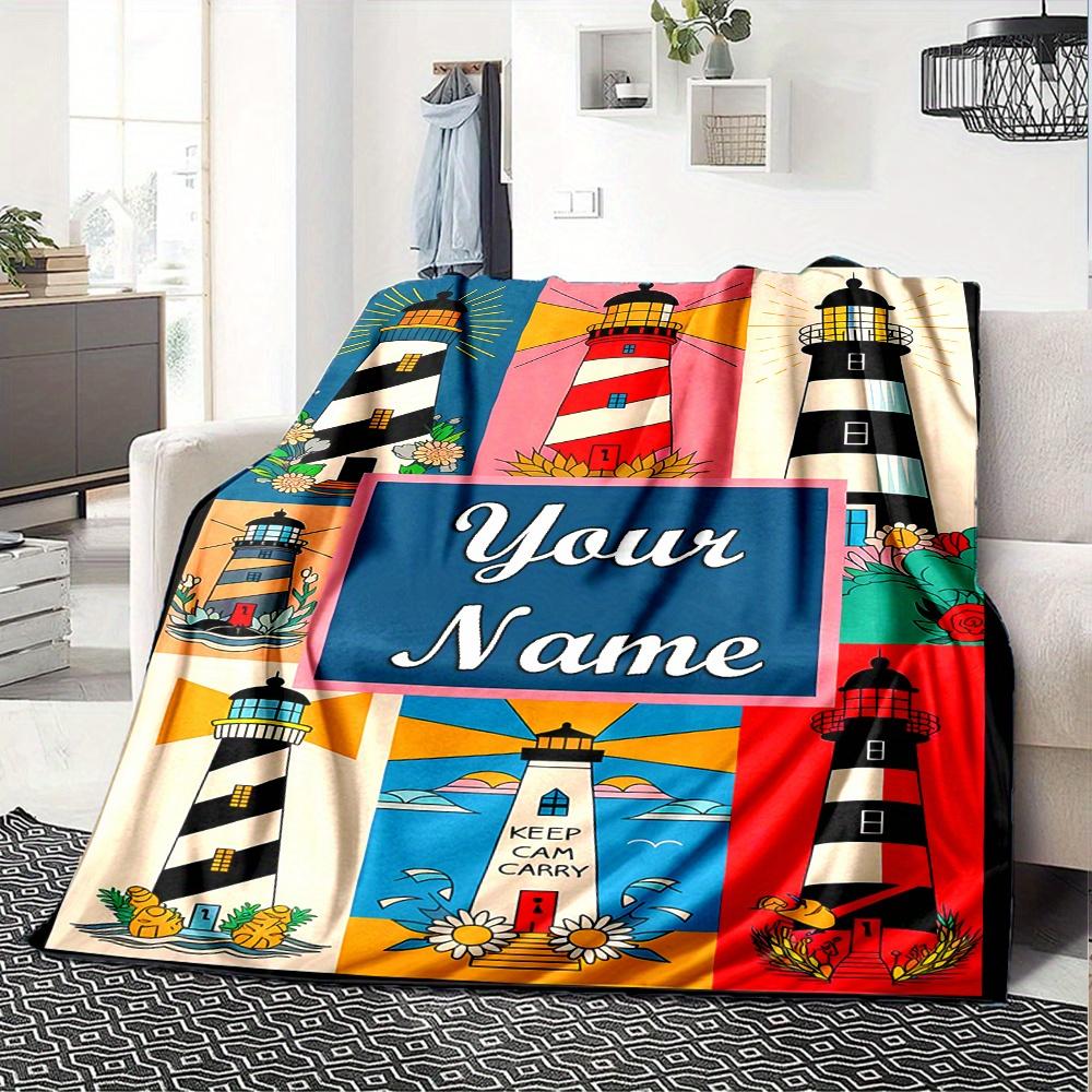 Lighthouse Scenery Blanket With Customizable Name Four Seasons Comfortable Shawl Blanket Suitable For Home Travel Camping Office Decoration Perfect