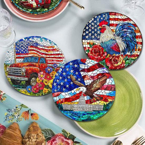 Patriotic Wooden Coasters, Vintage American Theme Coasters with Heat Resistant & Non-Slip Design, 10cm Round Universal Size for Holiday Decor