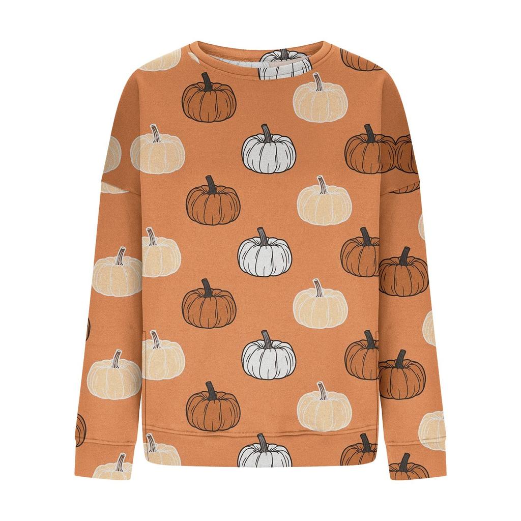 Women's Fashion Side Split Round Neck Pullover Long Sleeve Halloween Printed Top Sweatshirt