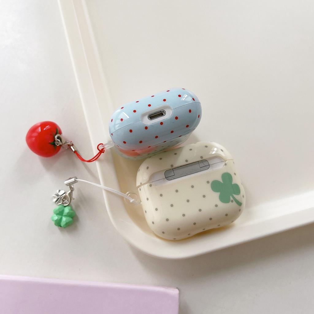 Colorful Wave Point Strawberry Tomato Four Leaf Clover With Pendant Earphone Case Cover for AirPods 1 or 2 3 4 Pro 2 Pro 3