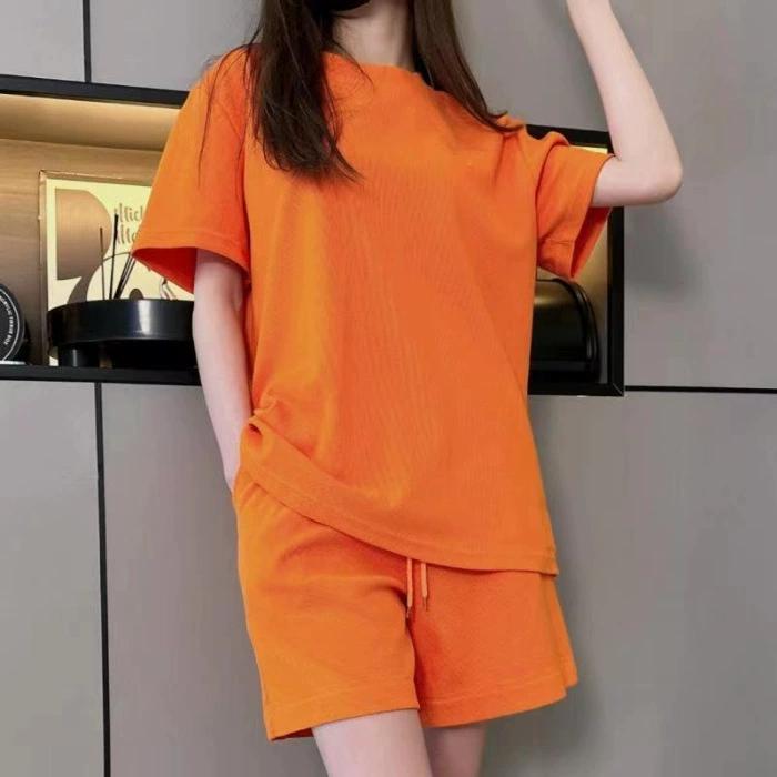 Casual Short Sleeved Shorts Set for Women's Solid Simple Loose Elastic Waist Tracksuit Thin Korean Loose Two-piece Trendy Set
