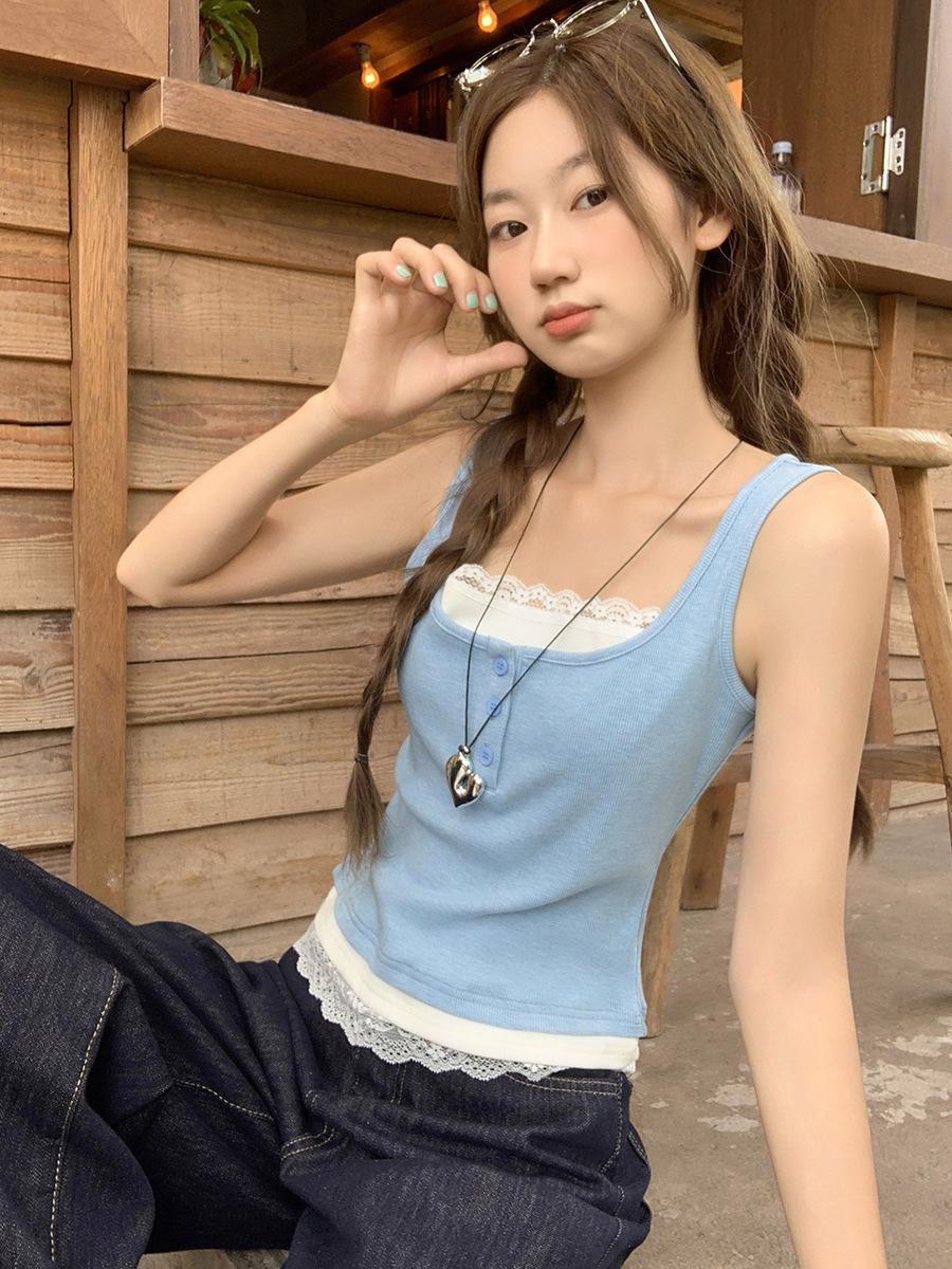 Fake two-piece lace splicing design vest sling women s summer new unique chic short S синий