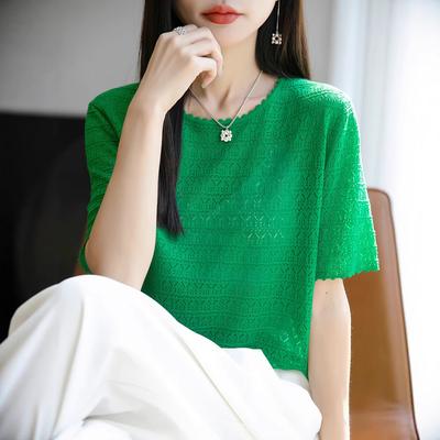 This Summer's New Ice Silk Knitted Short-sleeved Round-neck T-shirt Is Versatile Slimming and Elegant with A Cutout Top