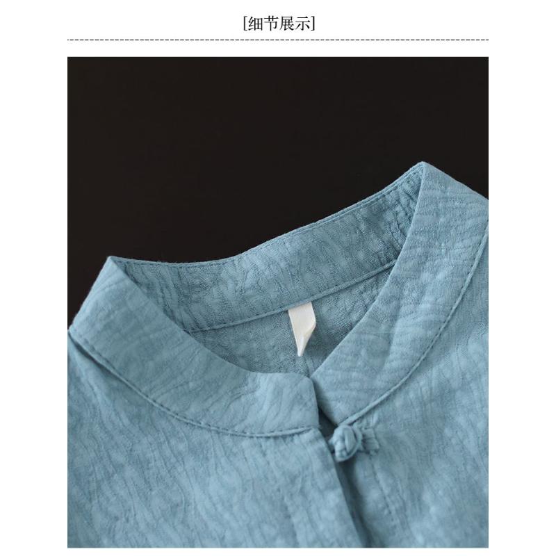 Cotton Linen Spring and Autumn Zen Women's Button-down Top Solid Color Long-sleeved Retro Literary Loose Age-reducing Shirt