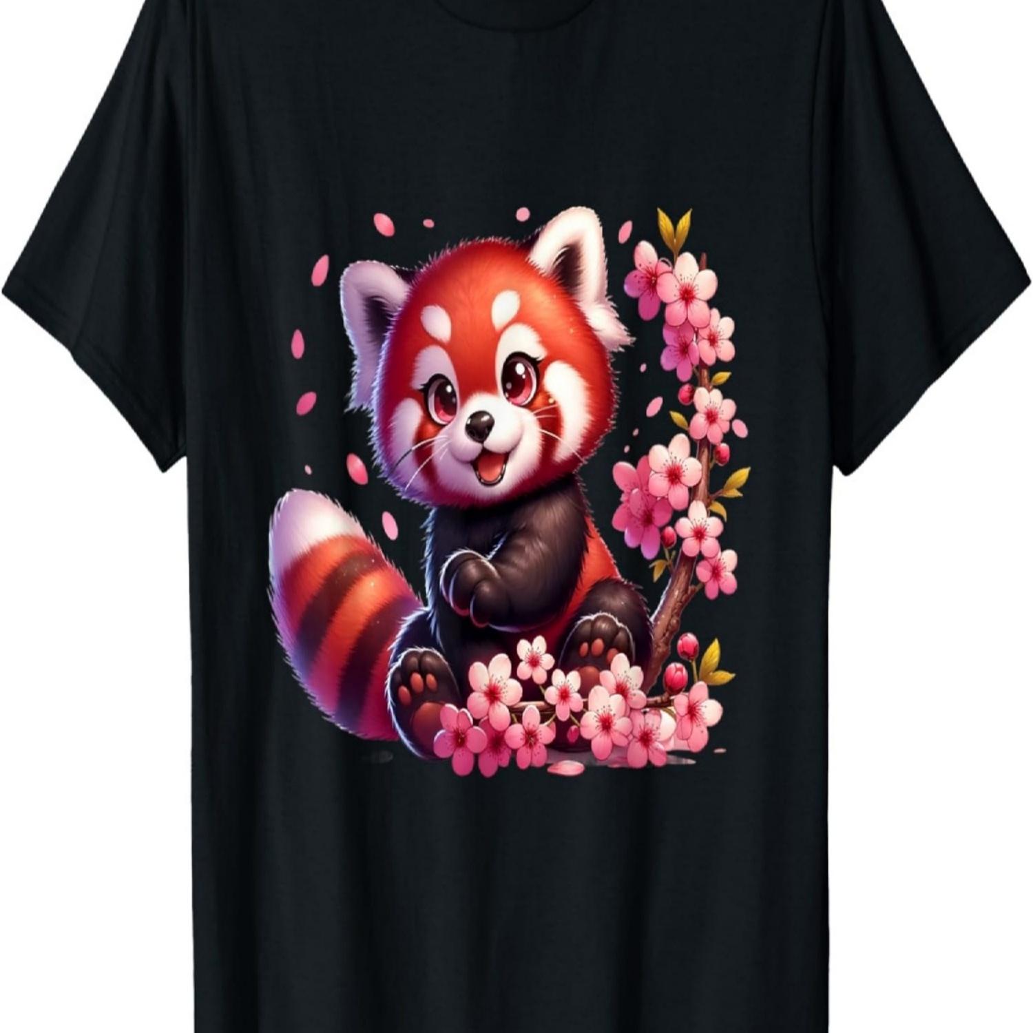 Cute Red Panda With  Cherry Blossom Flower Graphic T-Shirt S чёрный
