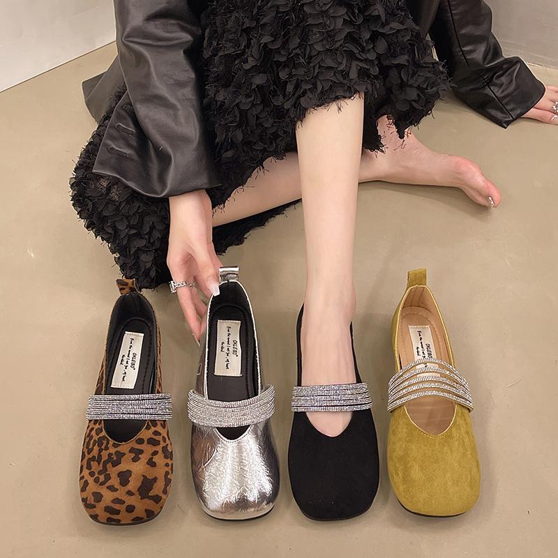 2024 Autumn New Fashion Retro Leopard Print Shallow Mouth Casual Shoes Women's Rhinestone Chain Decorated Low-top Shoes