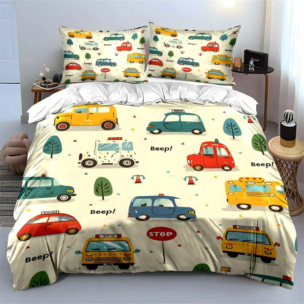 Cartoon Vehicle Print Bedding Set Soft Comfortable Duvet Cover Bedding Set Included 1*Duvet Cover & 2*Pillowcases gift