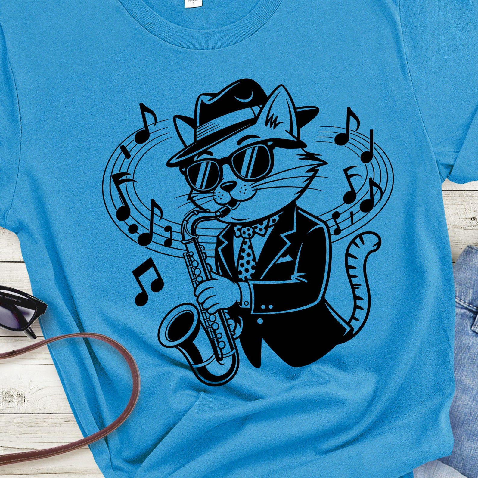 Saxophone Cat Playing Jazz Tee | Cat Musician T-Shirt, 8 colors L