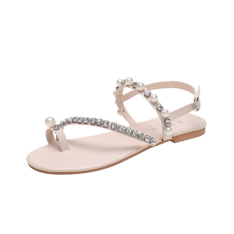 Rhinestone Pearl Toe Flat Sandals Women's Summer New Temperament Casual Shoes