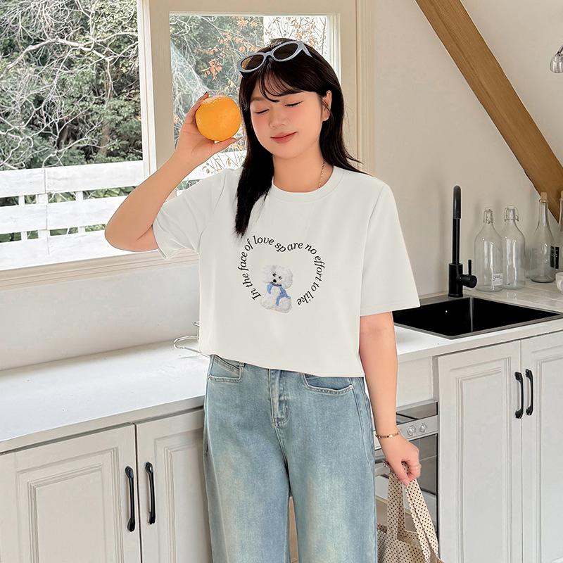 Large Size Women's Plush Puppy Three-dimensional Chapter Boy Short-sleeved T-shirt Spring and Summer Letter Print Top 132003