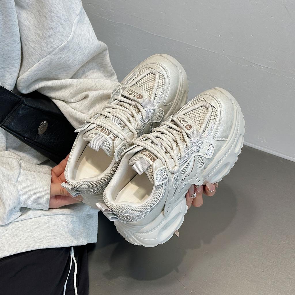 European hot diamond thick-soled heightening dad shoes women's new mesh breathable foot small versatile sports and leisure shoes
