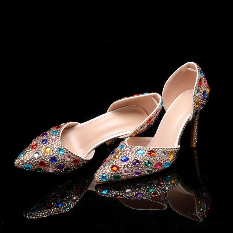 Fashion Bling Luxury Handmade Full Rhinestones Women Pumps Elegant Pointed Toe Colorful Crystal High Heels Fashion Party Bridal Shoes