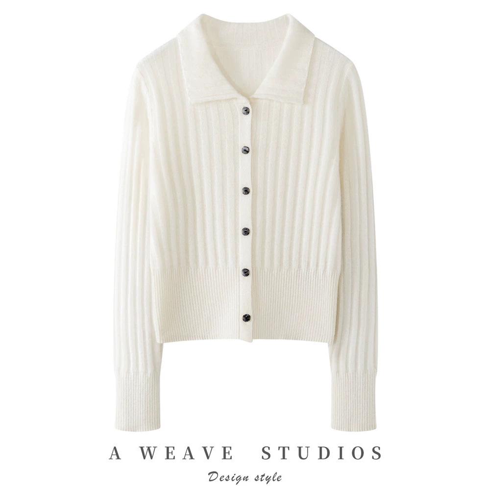 Women's Red Pure Cashmere Ribbed Knit Cardigan - Age-Defying Short Jacket with Lapel (2026)