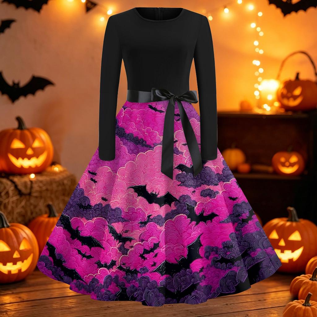 Women's Casual Long Sleeve Fit and Flare Dress Round Neck Halloween Print Full Skirt Midi Dress with Waist Tie Belt