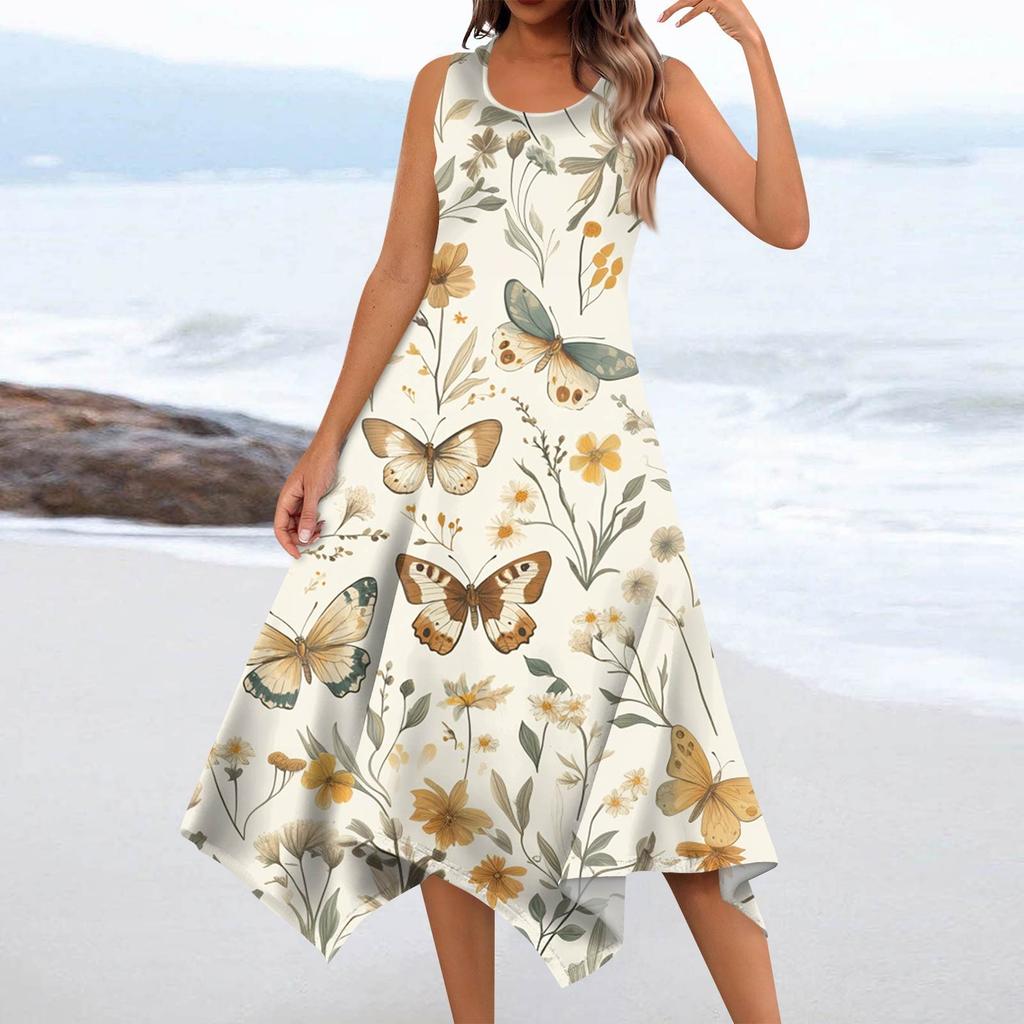 Women's Casual Fashion Round Neck Sleeveless Floral Print Irregular Hem Midi Dress