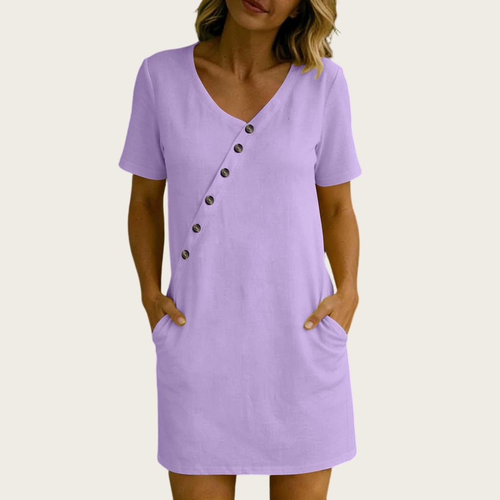 Damen Sommer Lässiges V-Ausschnitt Kurzarmkleid mit Knopfleiste und Taschen Leicht Lockerer Schnitt für den täglichen Gebrauch