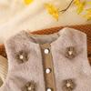 Girls Autumn and Winter Suit stuffed Flower Vest + Knitted Pleated Dress 3-piece Set