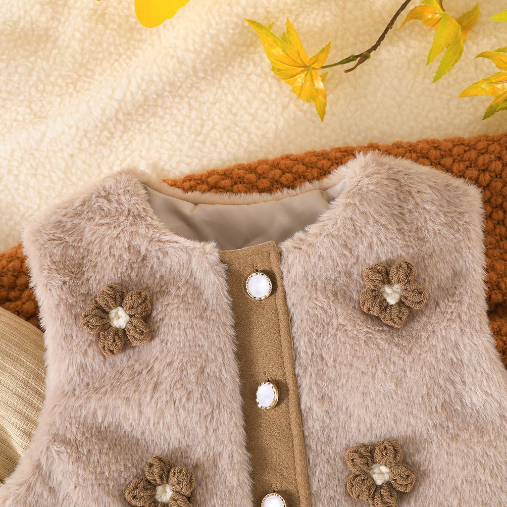 Girls Autumn and Winter Suit stuffed Flower Vest + Knitted Pleated Dress 3-piece Set