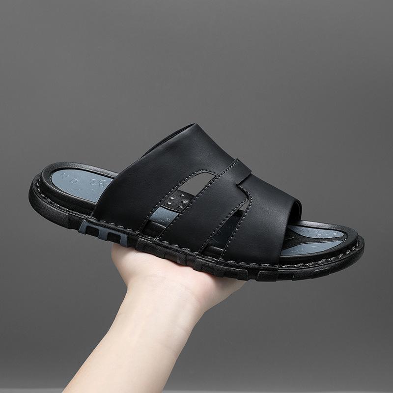 Fashion Luxury Men's Leather Slippers 2025 Summer New Beach Slippers Fashion Outdoor Casual Flat Slippers for Men Large-size Beach Shoes