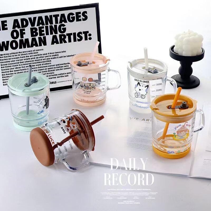 

Children s Cartoon Glass Cup with Straw & Handle, 350ml