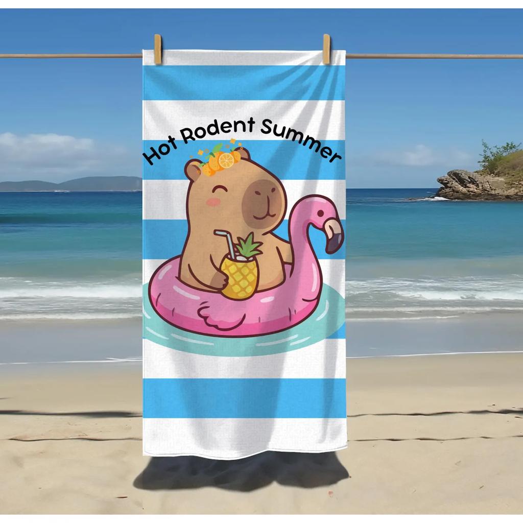 Süßer Capybara Schwimmring Ananas Getränk Strandtuch Blau gestreift Sommer Pool Party Handtuch Lustiges Capy Meme Pool Handtuch
