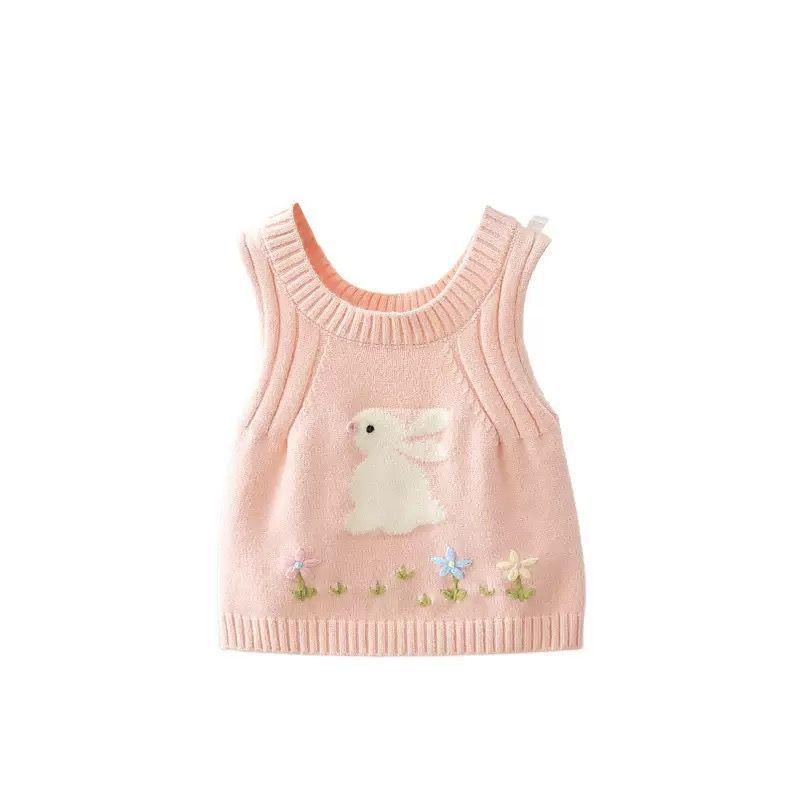 Κορεάτικο Πλεκτό Γιλέκο με Κουνέλι Κινουμένων Σχεδίων για Κορίτσια - Αμάνικο Φθινοπωρινό/Χειμερινό Πουλόβερ