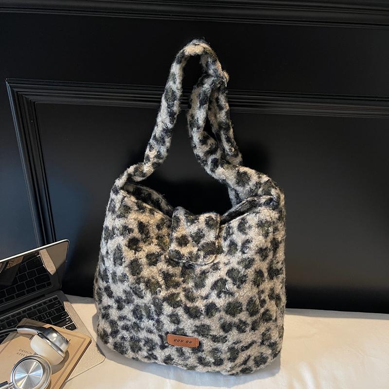 Leopard Print Fur Bag Women's Shoulder Crossbody Bag Vintage Tote Bag